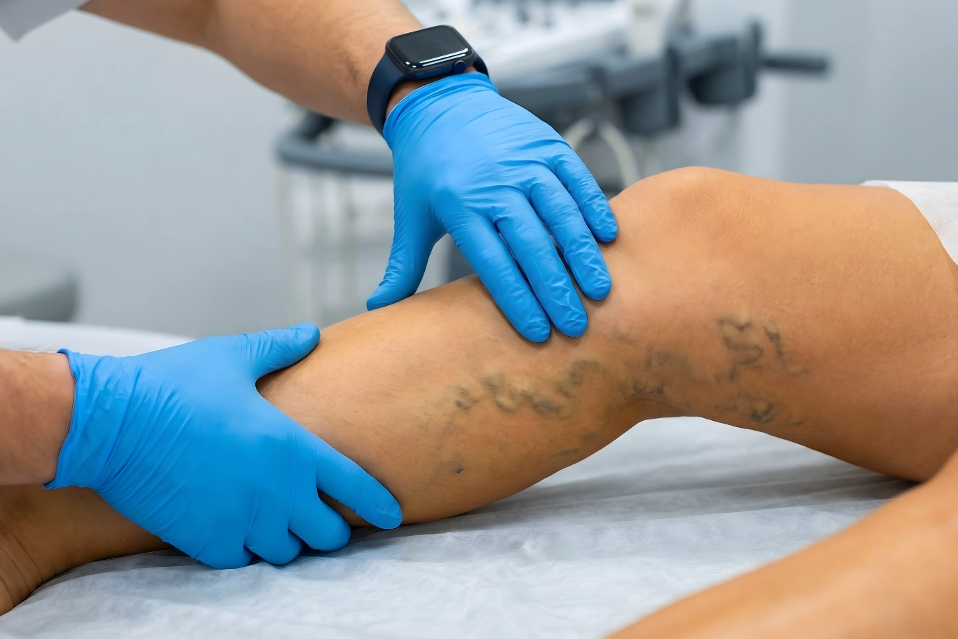 A medical professional wearing gloves examines varicose veins on a patients leg